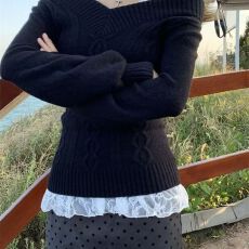 批发<b class='q'>新款</b>毛衣设计感辣妹收腰V领灰色女秋季纯欲露肩长袖针织衫上衣