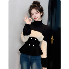 批发温柔小香风黑白撞色半高领荷叶边长袖毛衣针织衫女秋冬款修身上衣