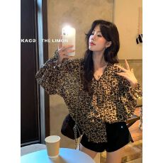 批发复古豹纹长袖衬衫女秋季新款小众宽松收腰衬衣设计感气质上衣外套