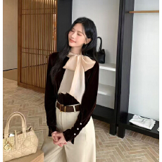 202年早春新款修身内搭针织衫上衣设计感蝴蝶结系带毛衣打底衫