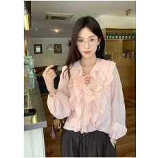 春季2026新款氛围感蓝色荷叶边衬衣上衣女高级感长袖V领衬衫