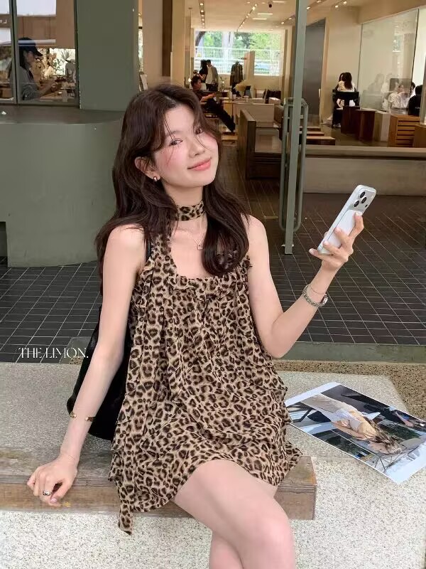 2026 열세 개 봄 여름 섹션 빛 ~을 통해 핫걸 디자인 센스 레오파드 무늬 슬립 작은 패션 경기 리본 2 세트