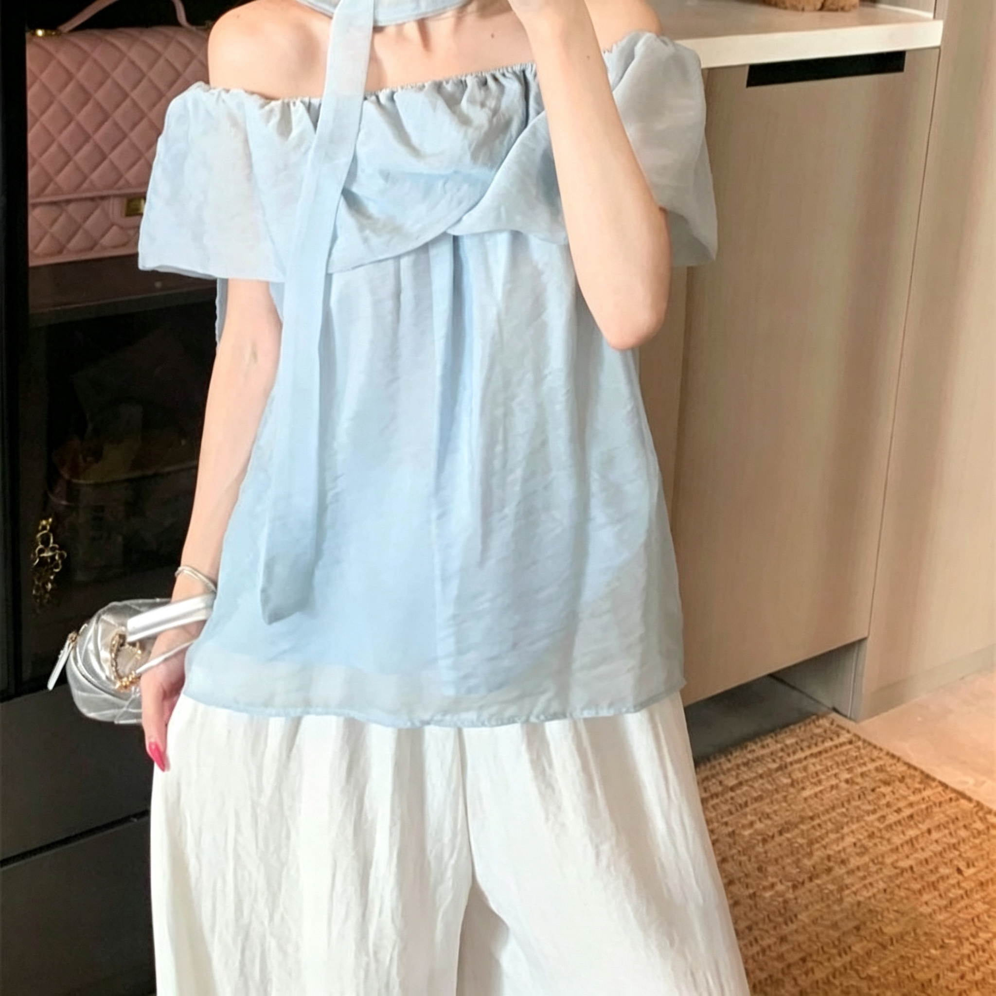 프랑스식 레트로 보트넥 프릴 오프숄더 여성 셔츠 여름 2026 새로운 루즈핏 슬림해 보이는 베이비 칼라 맨위