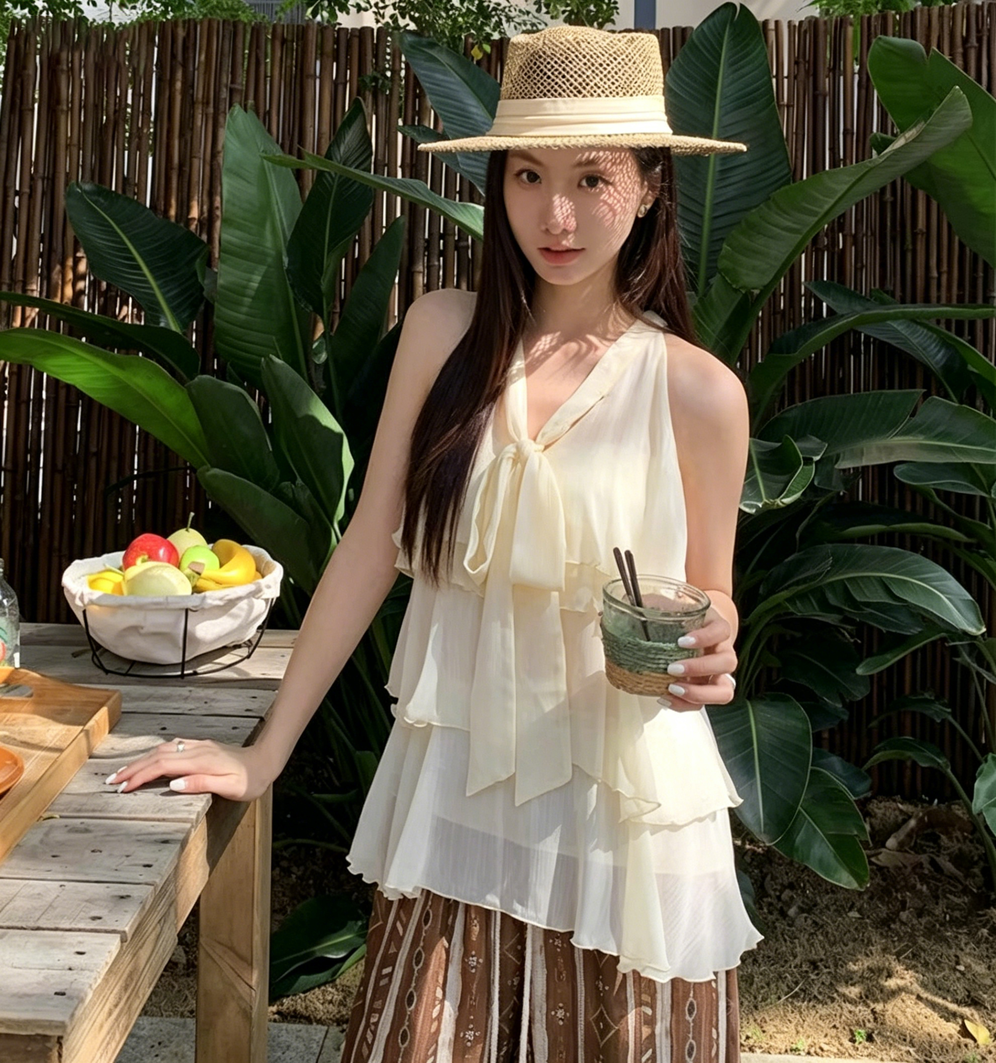 광저우 열세 개 아름다운 나비 넥타이 행침 목 프릴 조끼 민소매 쉬폰 인형 셔츠 퍼프 맨위