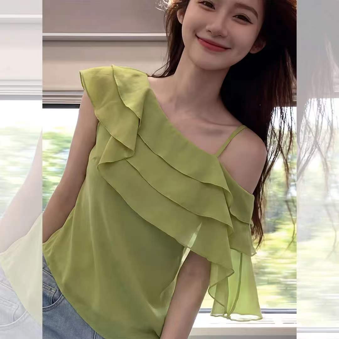 광저우 열세 개 아름다운 나비 넥타이 행침 목 프릴 조끼 민소매 쉬폰 인형 셔츠 퍼프 맨위