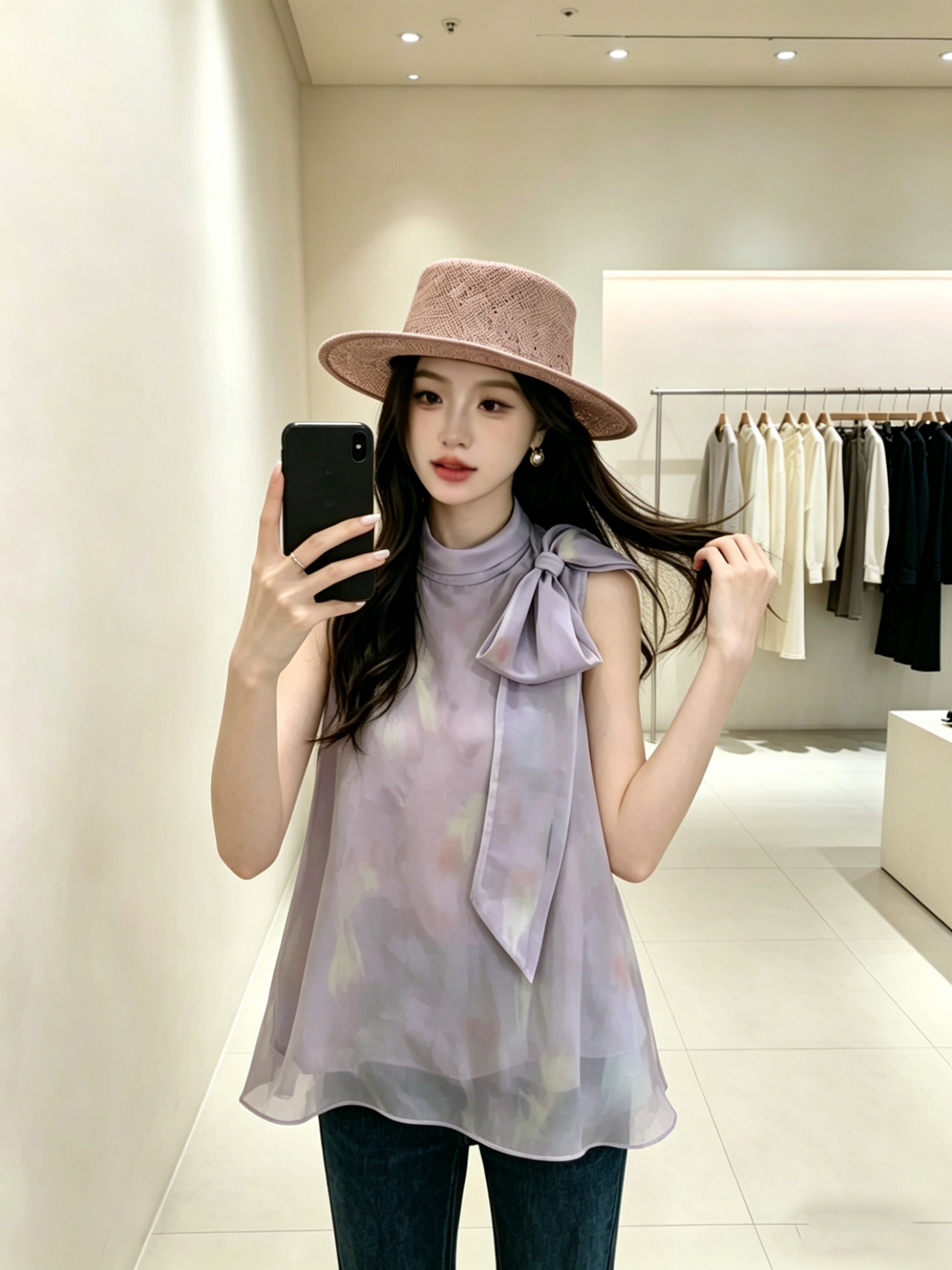 한 부서 품격 레이스업 나비 매듭 스탠드 칼라 민소매 여성 셔츠 2026 여름 새로운 루즈핏 슬림해 보이는 달콤함 맨위