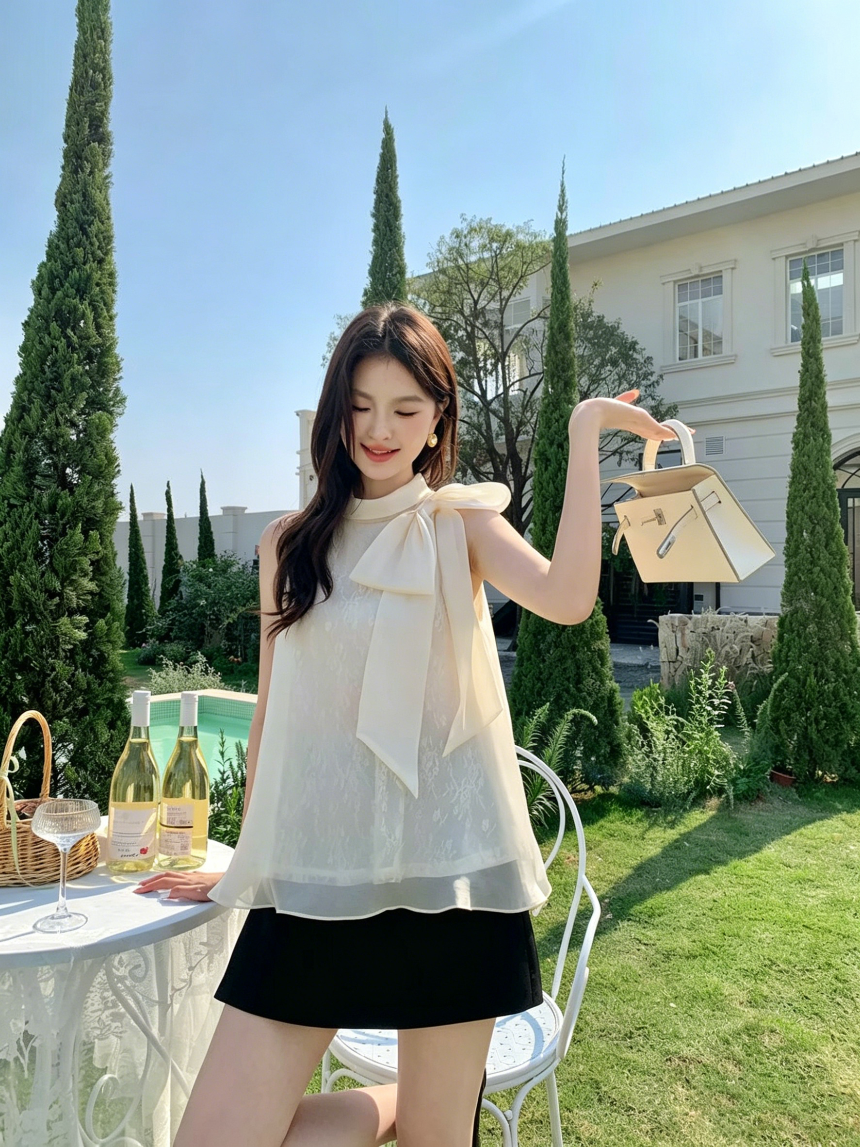 se gentle sun 보여주기 희 희 2026 새로운 프랑스식 레이스 레이스업 민소매 작은 셔츠 여성 꽃무늬 쉬폰 블라우스