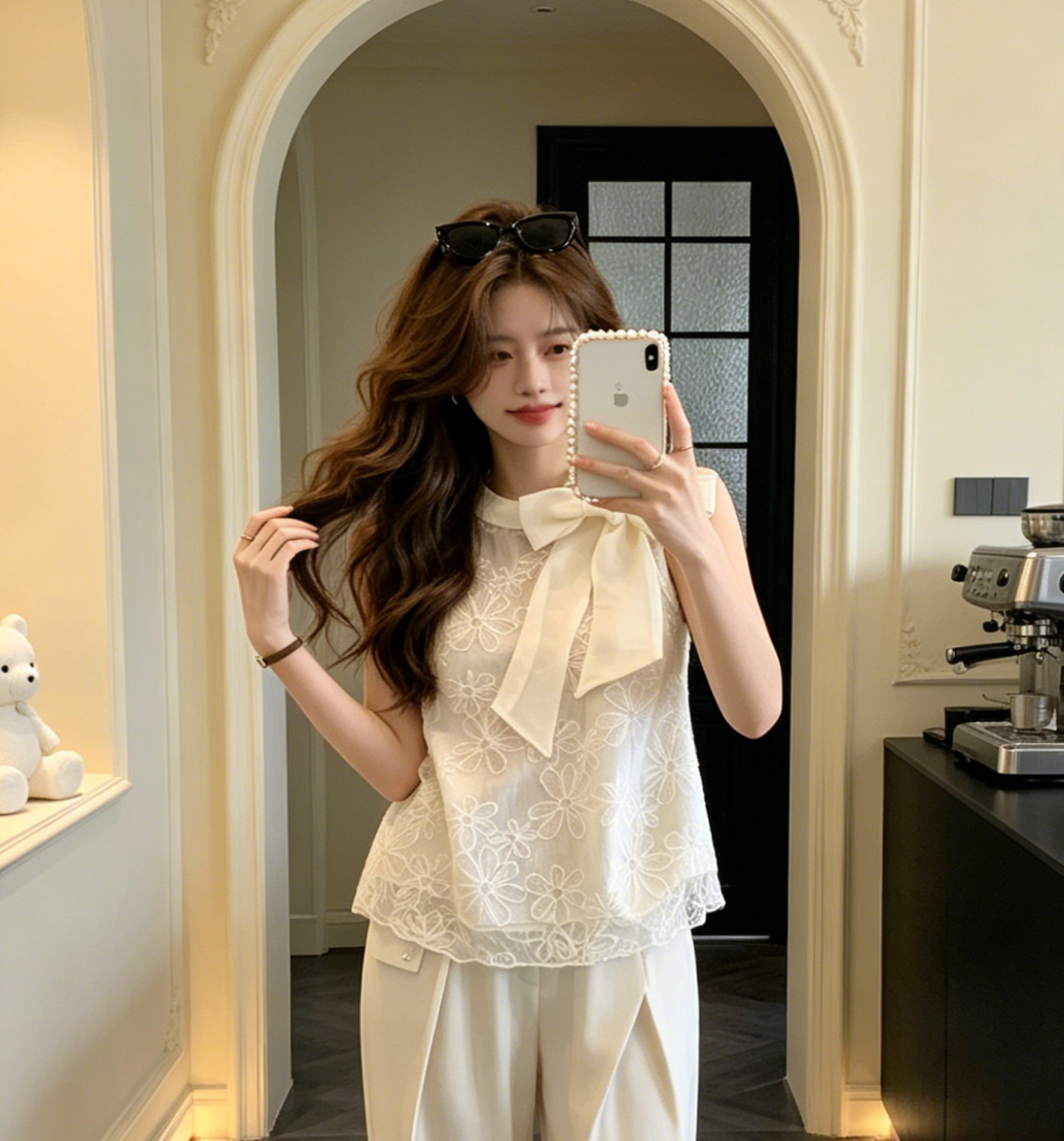 yoli 장 宥 이익 파리 레이스 시 빛 럭셔리 나비 넥타이 레이스 작은 셔츠 여성 여름 아름다운 맨위