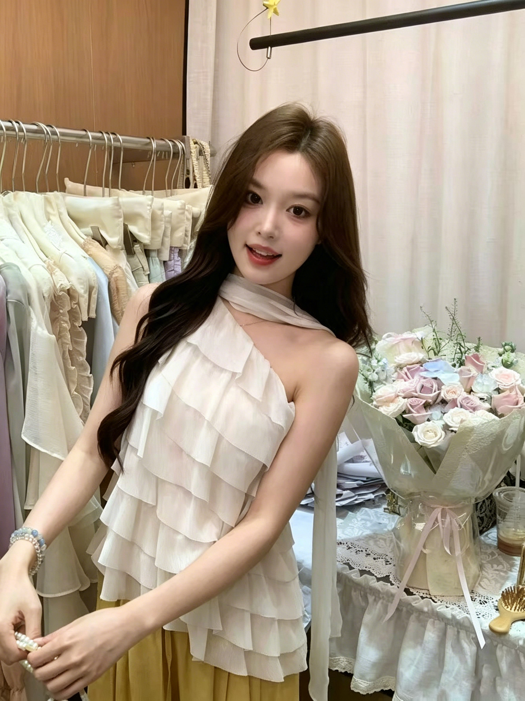 오즈의 마법사 프릴 비스듬한 어깨 조끼 여성 여름 케이크 층 리본 디자인 센스 섹시함 핫걸 맨위