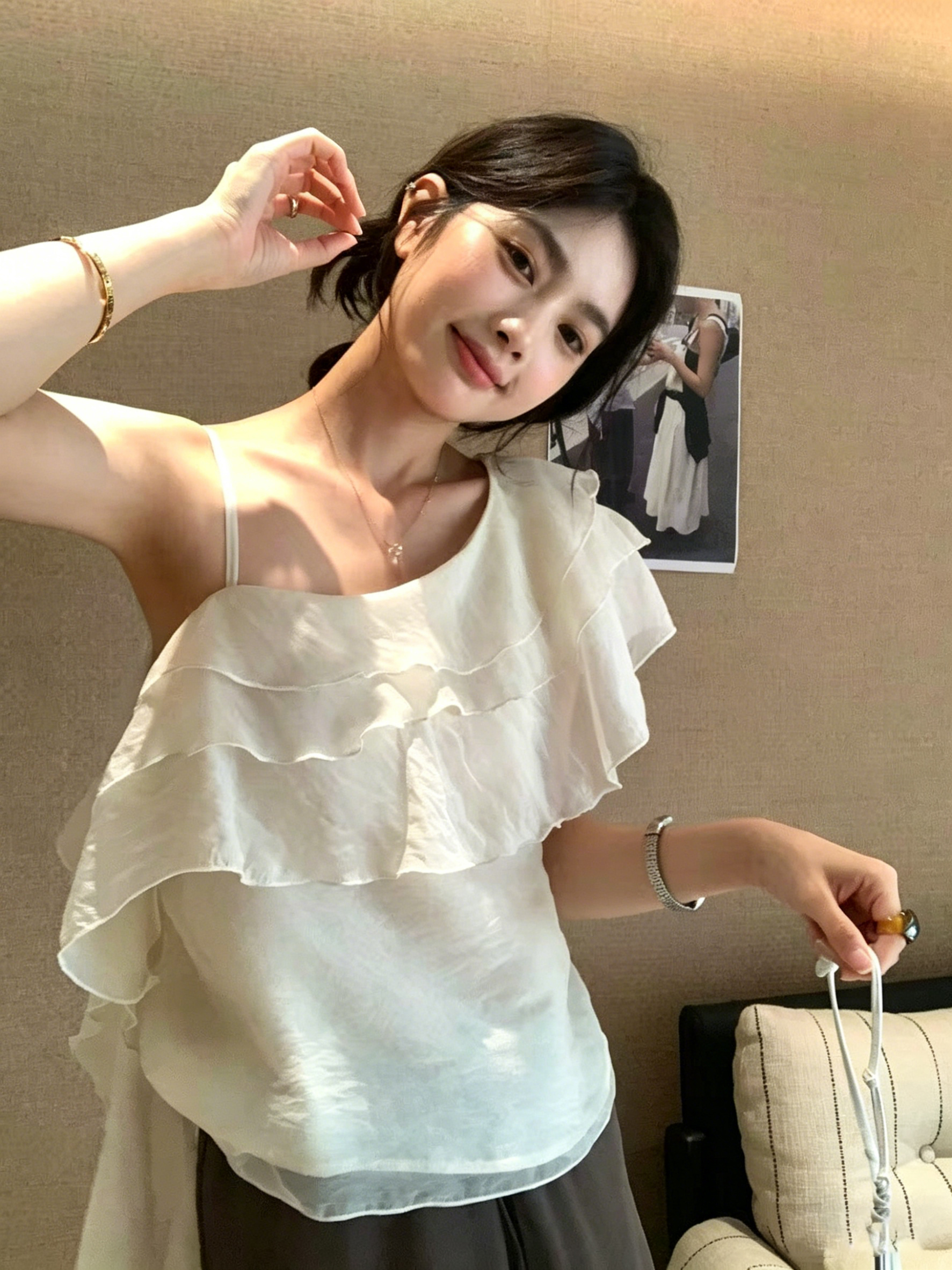 한국 스타일 불규칙 층 프릴 숄더백 여성 셔츠 2026 여름 새로운 부드러운 바람 연령 감소 작은 셔츠