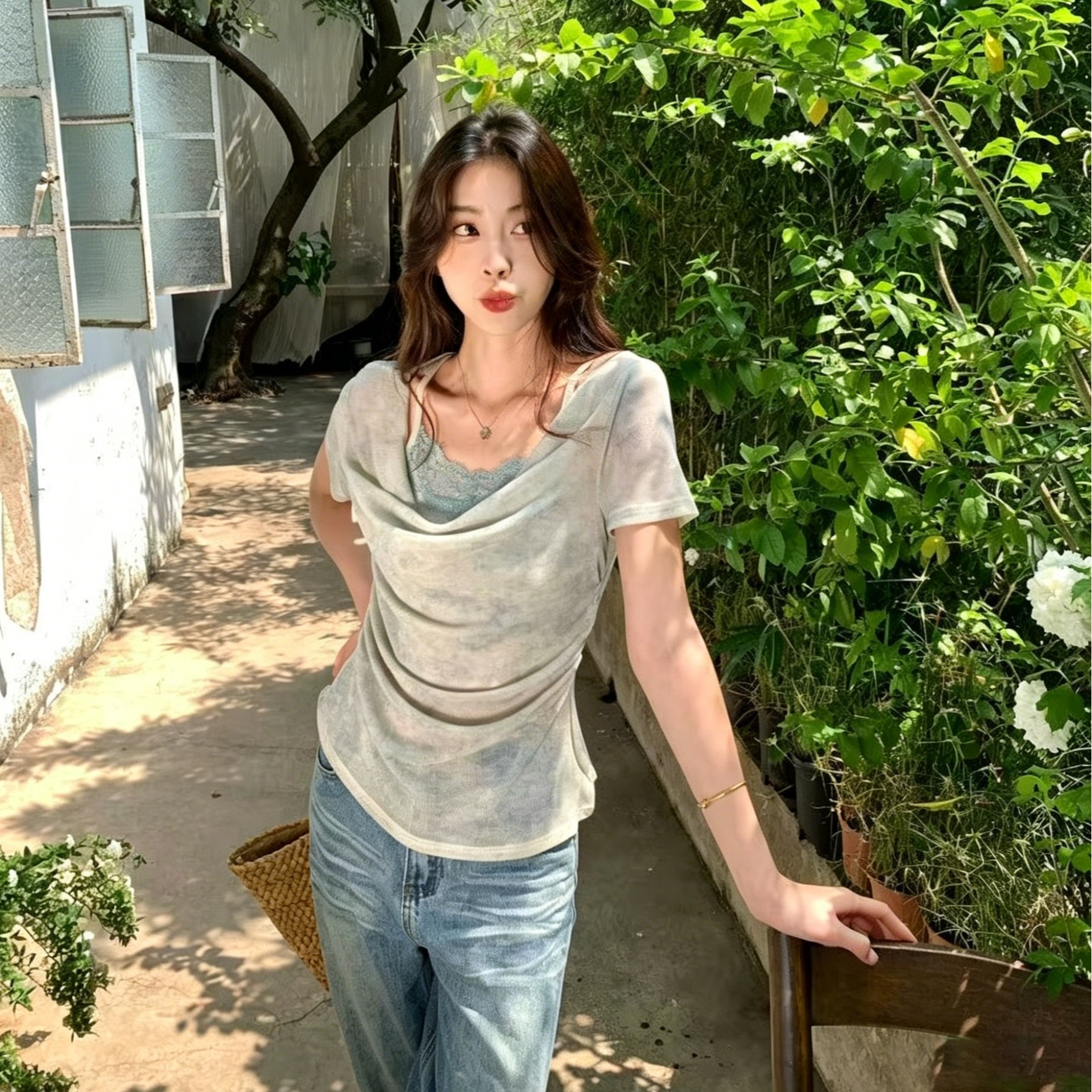 gs.good start 홀치기 염색 팔레트 페이크 레이어드 작은 셔츠 여성 여름 흔들다 칼라 긴팔 패치워크 슬립 맨위