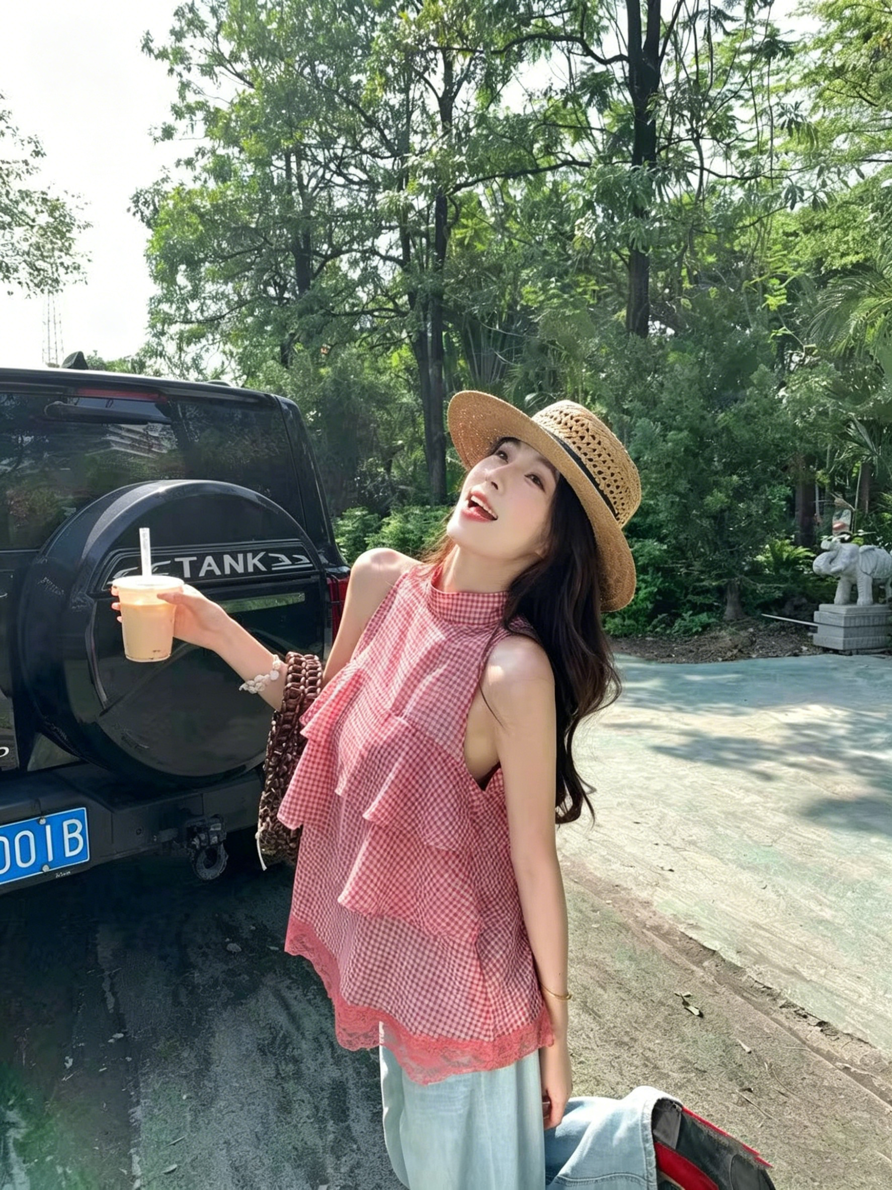 한 부서 2026 여름 섹션 품격 라운드 넥 민소매 다중 레이어 케이크 레이스 파란색 빨간색 체크무늬 연령 감소 맨위