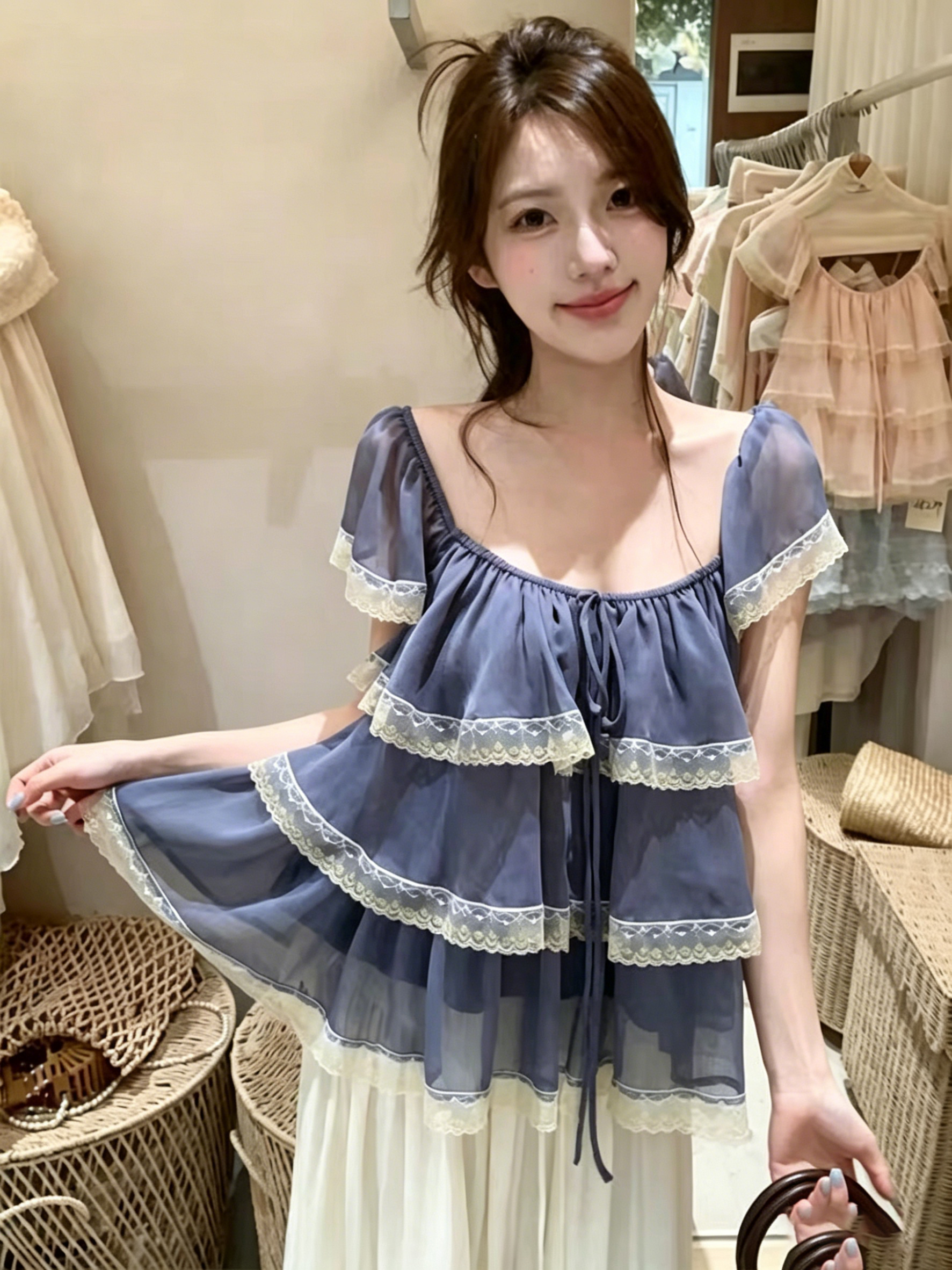 한 스타일 달콤함 프릴 레이스 조각 시폰 셔츠 여성 여름 반팔 파란색 케이크 실 Chic 맨위 작은 셔츠