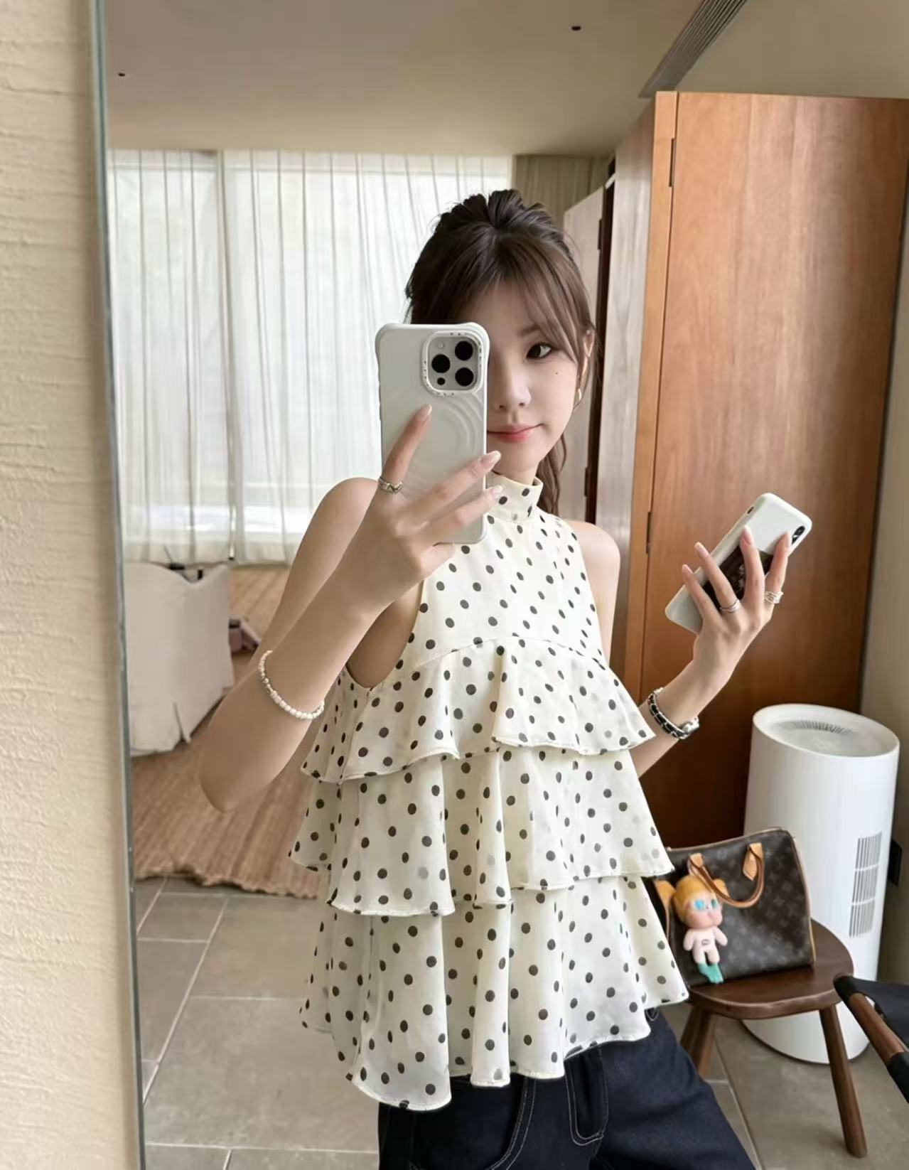 행침 목 도트 무늬 섹시함 프릴 맨위 민소매 조끼 쇼트 스타일 쉬폰 블라우스