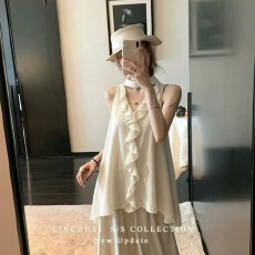 批发林初一荷叶边无袖挂脖<b class='q'>吊带</b><b class='q'>背心</b>女夏季高级感独特绝美露肩显瘦上衣