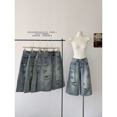 批发Seyora烟雾灰蓝破洞牛仔七分裤女夏美式复古宽松八分裤短裤阔腿裤