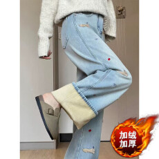 批发设计感腊肠狗刺绣牛仔裤女冬季加绒加厚保暖高腰宽松显瘦阔腿长裤
