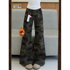 批发加绒加厚美式复古水洗浅牛仔裤女冬季高腰宽松直筒阔腿拖地长裤子