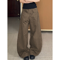 批发美式复古廓形弯刀工装<b class='q'>牛仔裤</b>女新款宽松阔腿显瘦休闲直筒拖地裤子