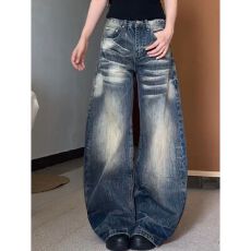 批发美式复古水洗做旧弯刀<b class='q'>牛仔裤</b>子女街头辣妹宽松慵懒松弛感拖地长裤