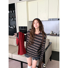 批发实拍云感绒长袖t恤<b class='q'>打底衫</b>女装薄款美式条纹春秋圆领韩版上衣