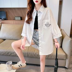 批发实拍 涤棉防天丝中<b class='q'>长</b>款大码口袋刺绣印花短袖开衫情侣衬衫