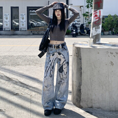 批发实拍手绘<b class='q'>烫钻</b>图印高低直筒宽松阔腿休闲裤女复古百搭显瘦长裤