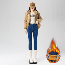 批发实拍205高腰<b class='q'>牛仔裤</b>女秋冬新款显瘦烟灰色修身紧身加绒小脚铅笔裤