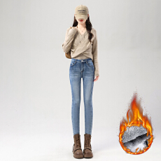 批发实拍3369高腰<b class='q'>牛仔裤</b>女秋冬新款显瘦复古修身紧身加绒小脚铅笔裤子