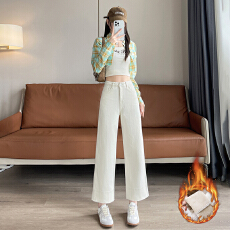 批发实拍9895六色加绒加厚直筒牛仔裤女冬新款<b class='q'>高腰</b>遮胯显瘦阔腿<b class='q'>九分裤</b>