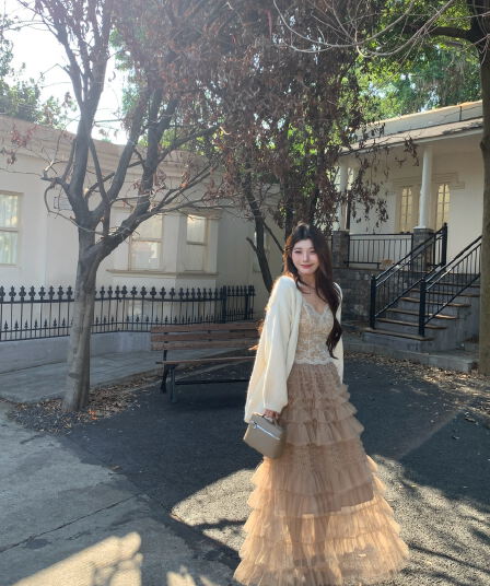 정가 실사 새로운 요정 바람을 피우다 롱 코트 반 스커트 허리밴드 케이크 드레스