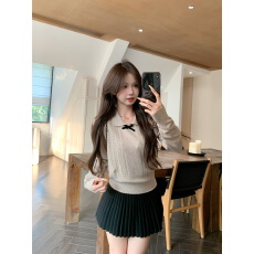 批发实价实拍 娃娃领蝴蝶结修身显瘦软糯气质针织上衣➕<b class='q'>黑色</b>百褶裙