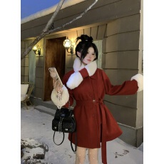 批发实价实拍 新款复古红小个子收腰宽松显瘦中长款毛呢外套配围脖