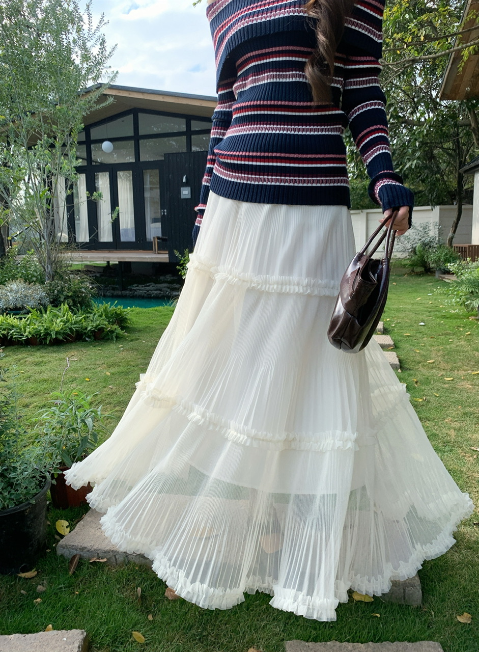 정가 실사 달콤한 차가운 오프숄더 스트라이프 니트 스웨터 쌀 화이트 망사 케이크 드레스 봄 부드러운 바람 투피스 세트