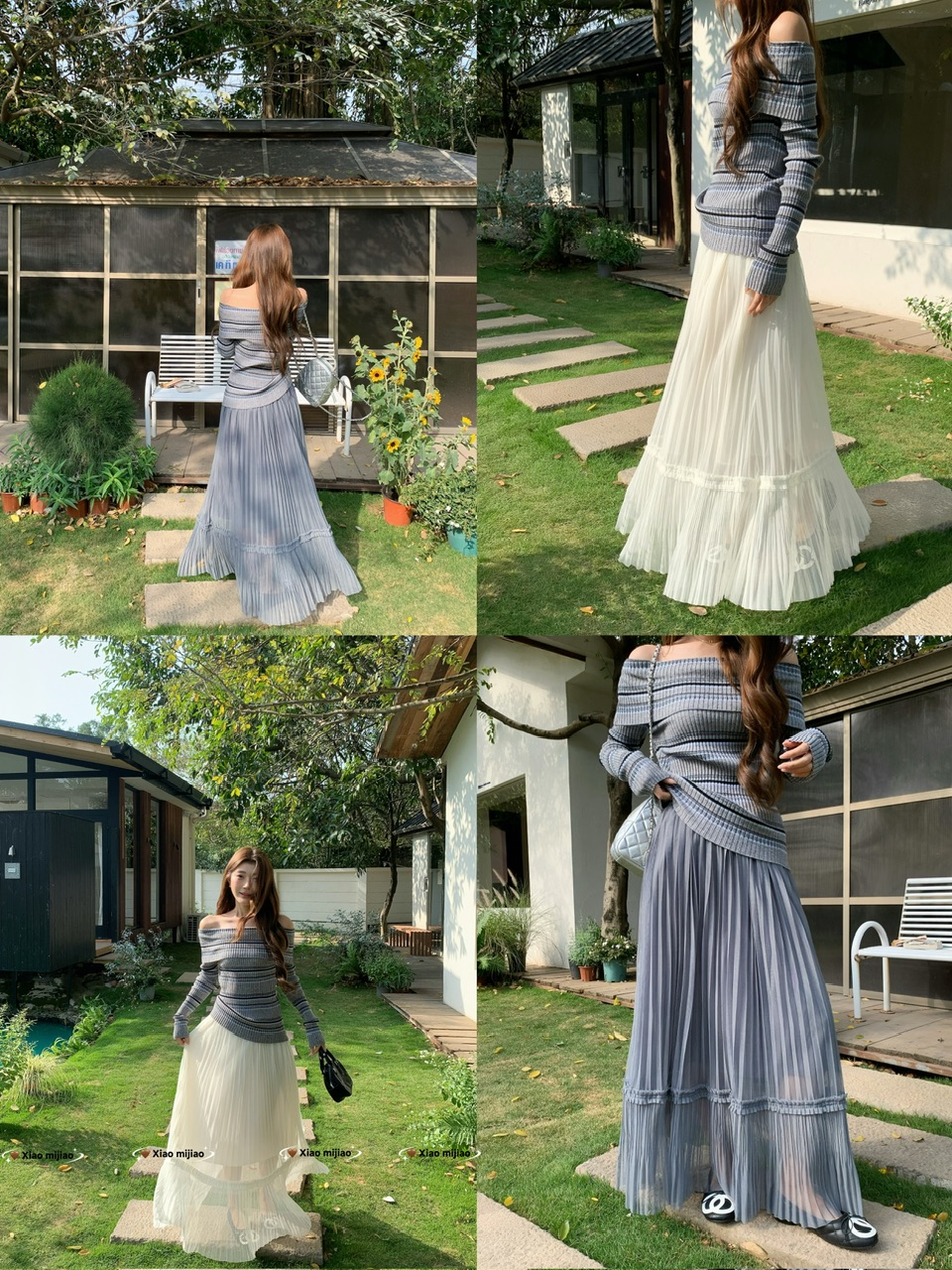 정가 실사 회색 스트라이프 오프숄더 니트 스웨터 여성 가을 하이웨이스트 플리츠 롱 스커트 부드러운 느긋한 바람 투피스 세트