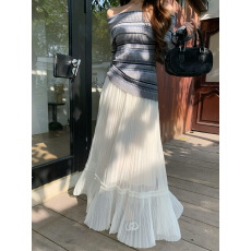 批发实价实拍 灰色条纹露肩针织衫女秋 高腰百褶<b class='q'>长裙</b>温柔慵懒风两件套