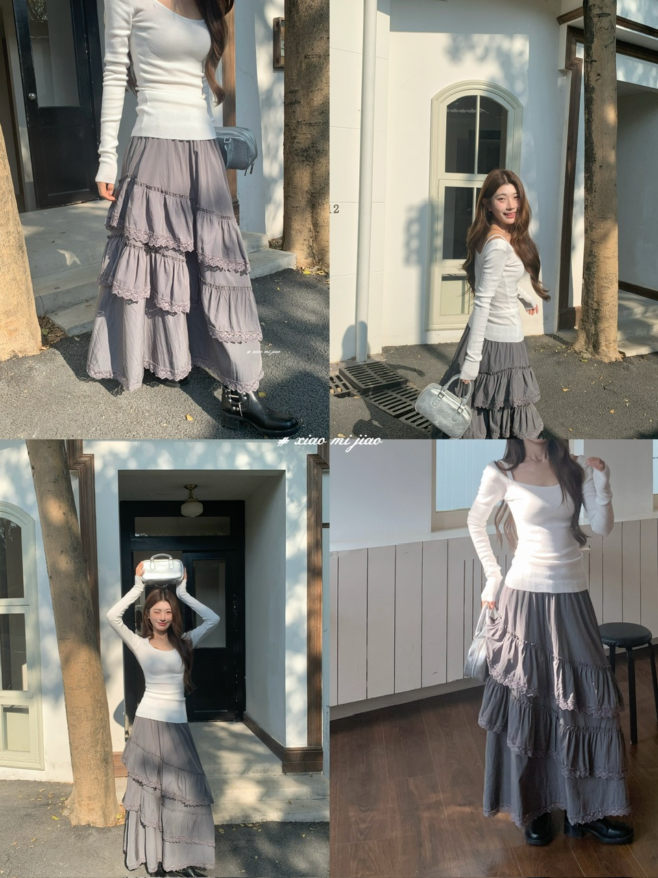 정가 실사 느긋한 몸매 가꾸기 대 u 칼라 기본 셔츠 하이웨이스트 슬림해 보이는 회색 보라색 프릴 반신 롱 스커트