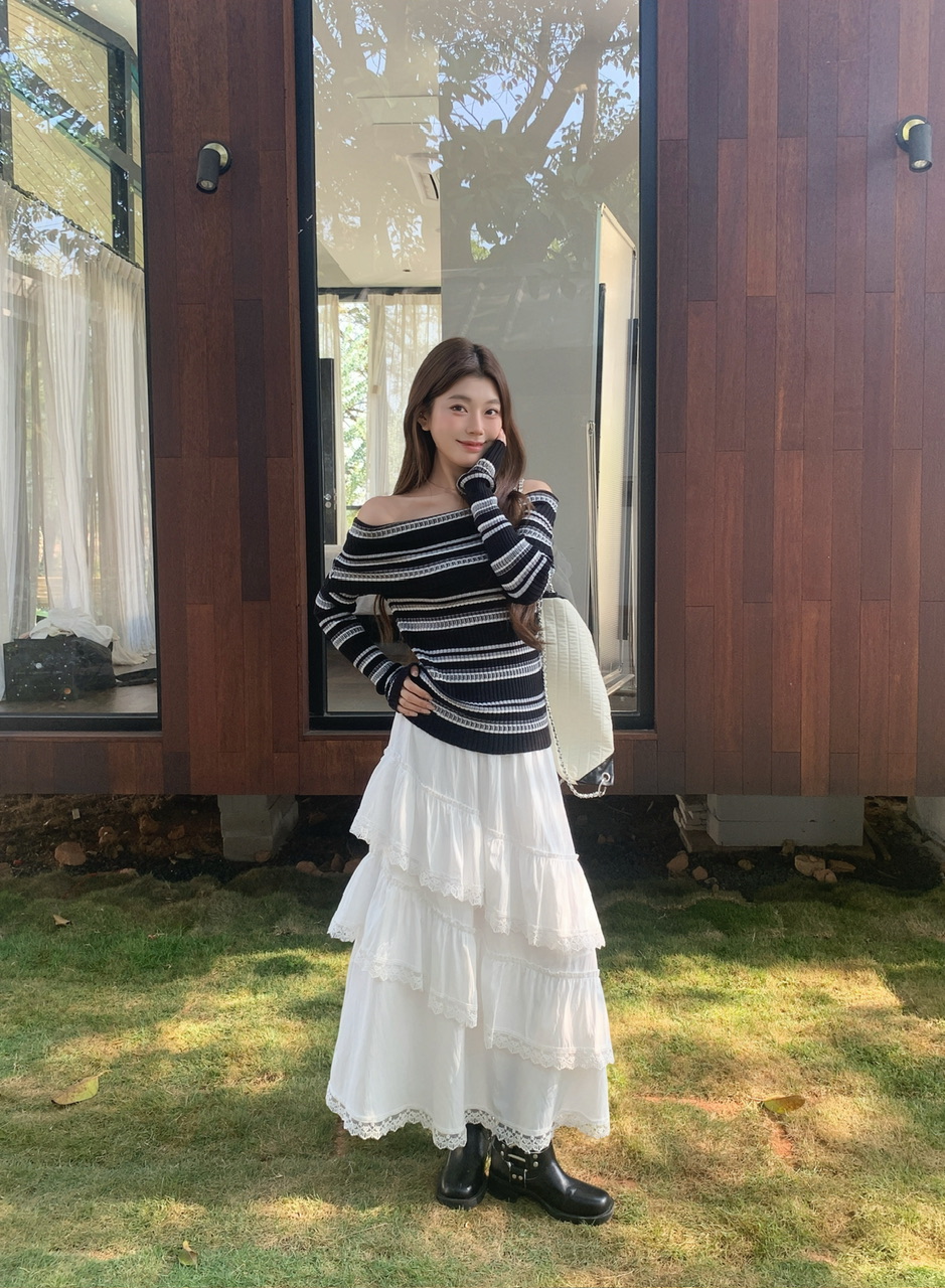 정가 실사 새로운 달콤한 차가운 바람 화이트 레이스 반신 스커트 프릴 큰 진자 롱 스커트