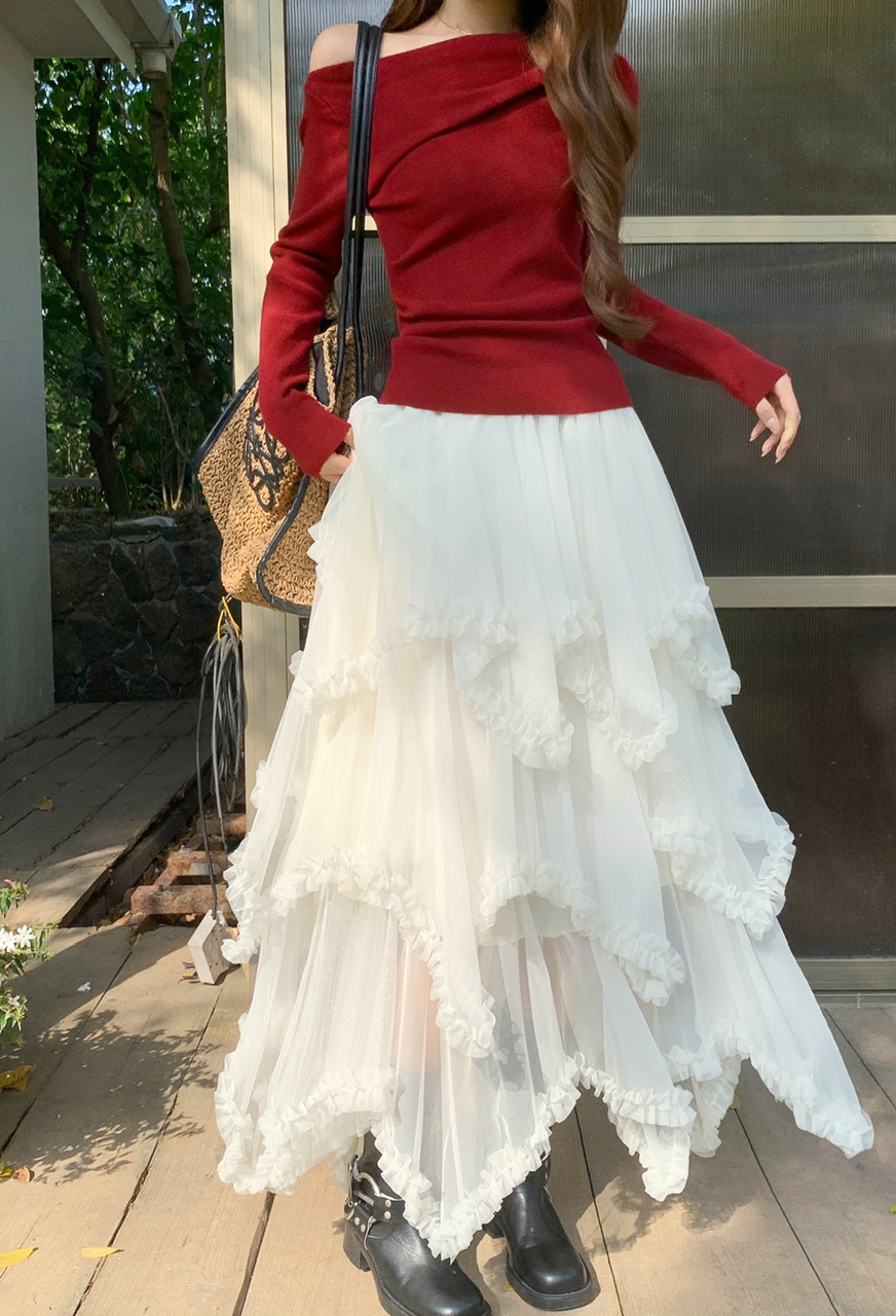 정가 실사 화이트 불규칙 망사 반신 스커트 여자 중간 롱 코트 프릴 케이크 드레스 한 마디 롱 스커트