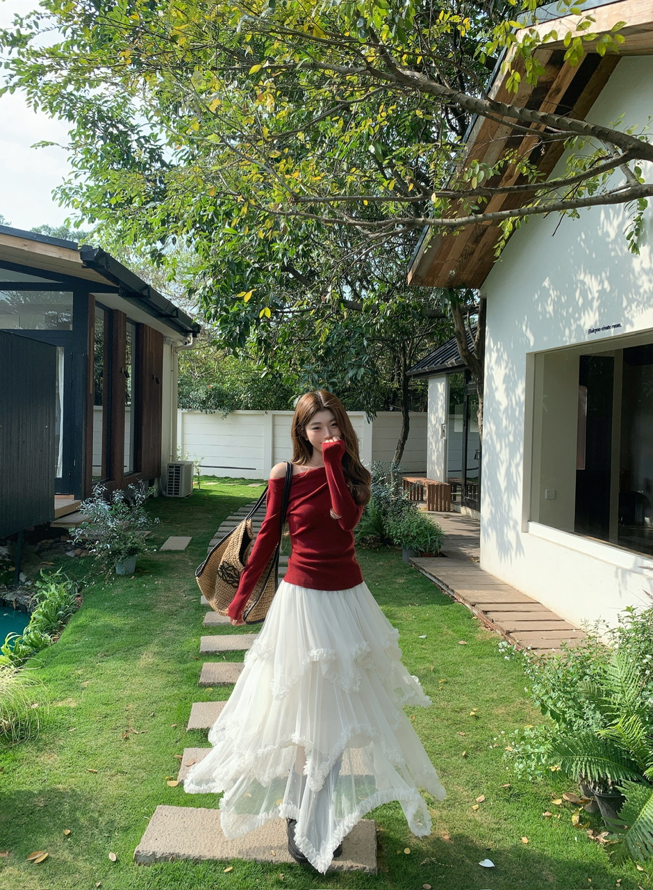 정가 실사 화이트 불규칙 망사 반신 스커트 여자 중간 롱 코트 프릴 케이크 드레스 한 마디 롱 스커트