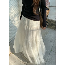 批发实价实拍 韩系温柔风奶油白纱裙高腰显瘦A字半身长裙