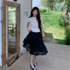 批发实价实拍 气质套装女白色针织<b class='q'>短袖</b>+黑色网纱裙温柔风显瘦两件套