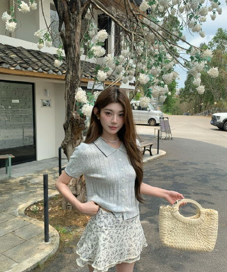 정가 실사 한 부서 부드러운 바람 베이비 칼라 니트 반팔 작은 키 꽃무늬 케이크 드레스 투피스 세트