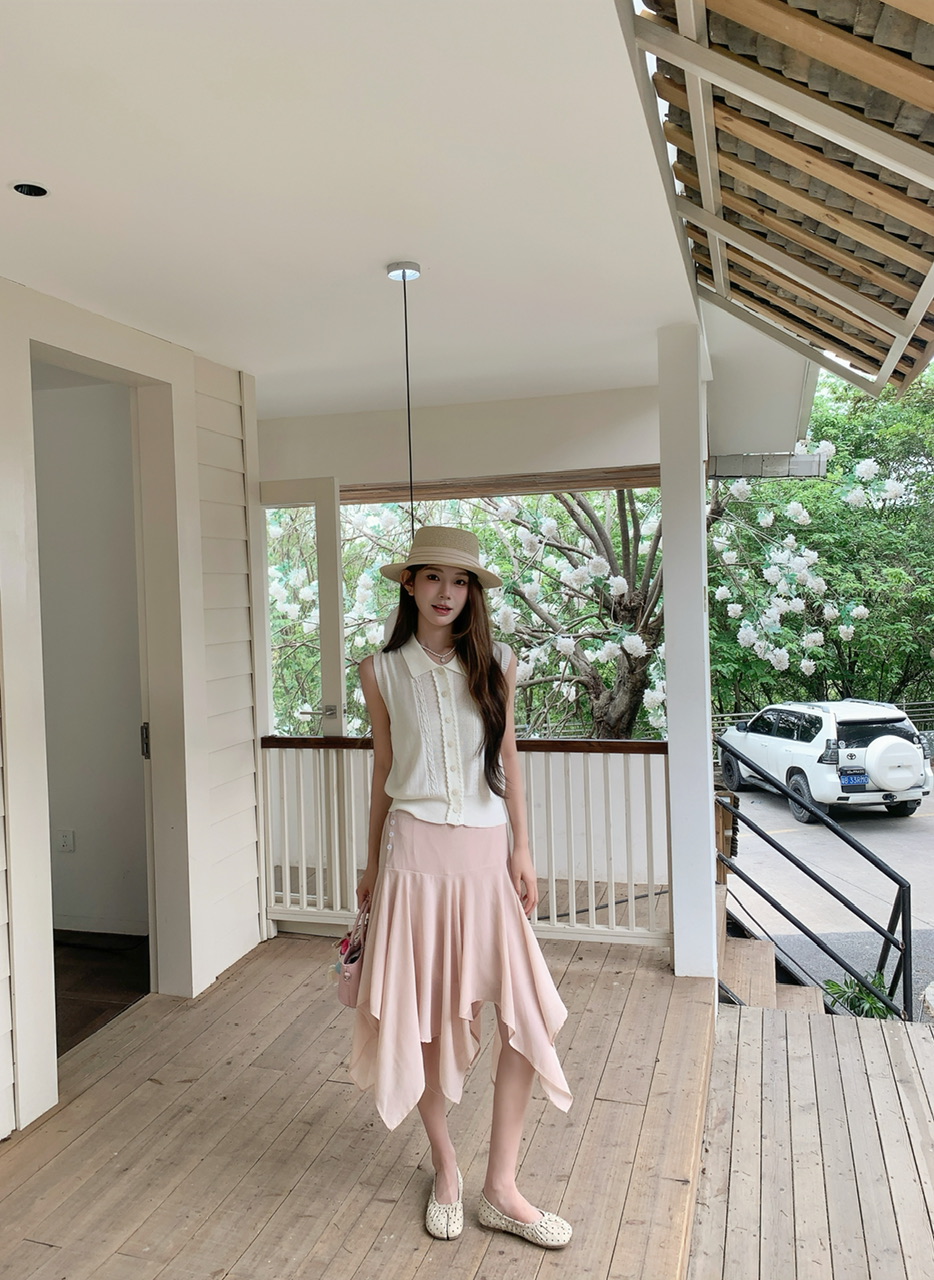 정가 실사 한 부서 여성 주님 착용 가져 가라. 살구 색상 POLO 칼라 니트 베스트 핑크색 한 마디 반 스커트 연령 감소 세트