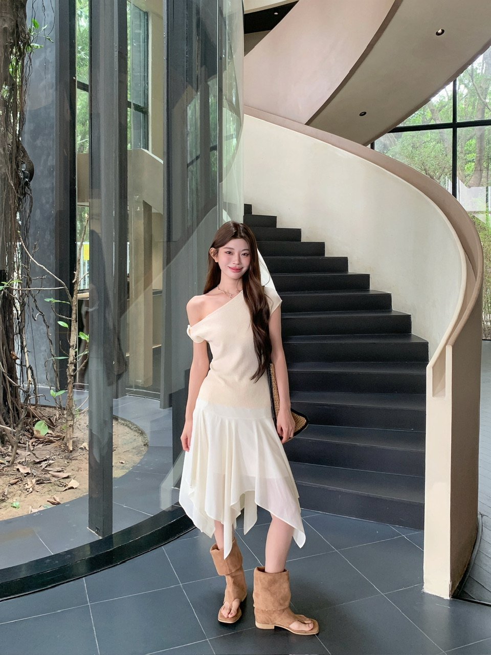 정가 실사 감기 센스 비대칭 비스듬한 어깨 니트 맨위 하이웨이스트 불규칙 쉬폰 반신 스커트 세트