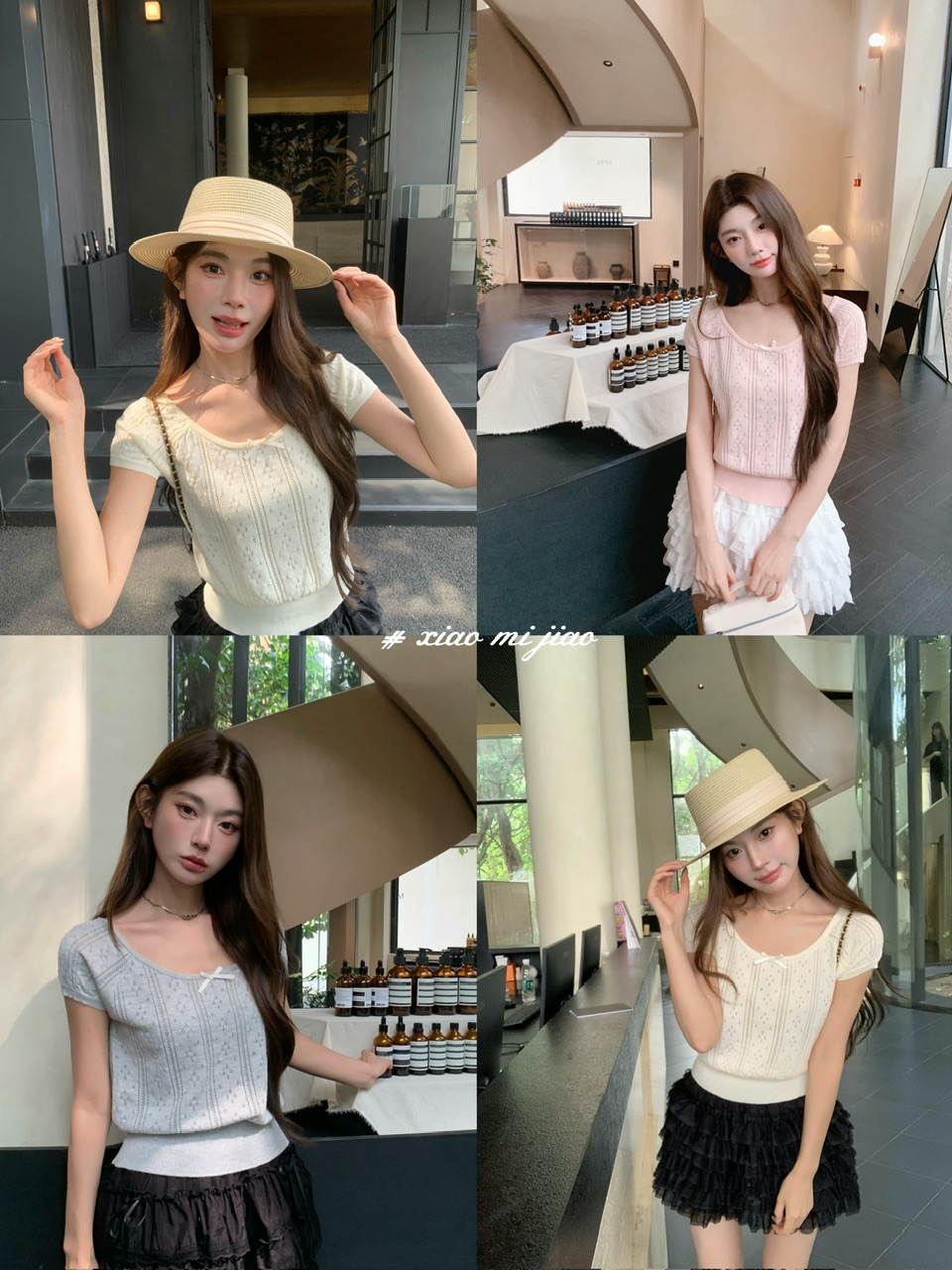 정가 실사 여름 달콤한 자매 u 칼라 나비 매듭 니트 반팔 여성 몸매 가꾸기 홀로우 아웃 자카드 작은 키 티셔츠