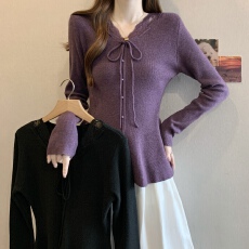 批发实拍~早春新款法式复古V领针织衫打底衫<b class='q'>女</b>蕾丝拼接系带遮肚子毛衣