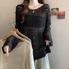 批发实拍~美式复古夏季防晒罩衫女微胖宽松显瘦镂空针织衫中长款上衣