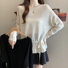 批发实拍~大码春季新款薄款针织T恤上衣女圆领套头系带<b class='q'>蝙蝠</b>袖罩衫