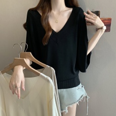 批发实拍~<b class='q'>大码</b>V领夏季薄款冰丝针织衫女胖妹妹宽松显瘦落肩袖T恤上衣